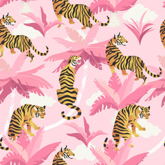 Vector illustration of tigers with tropical leaves and exotic plants on a pink background. Trendy seamless pattern.
