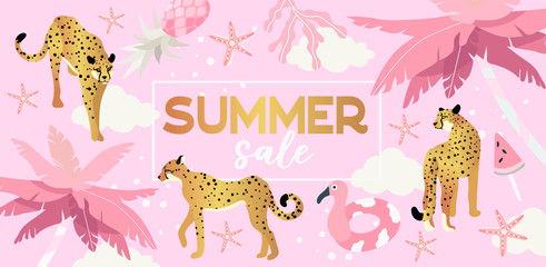 Vector illustration of palm trees, cheetah and summer elements in gold and pink color on a cute pink background. Summer sale banner that can also be used as a landing page or flyer for travel agency. © KPstudio