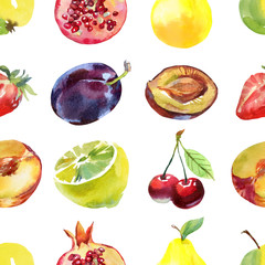 Seamless pattern with fruits: pomegranate, plum, peach, pears, strawberry, cherry, apple and lime