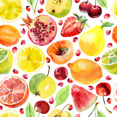 Seamless pattern with fresh fruits. Watercolor hand drawn illustration