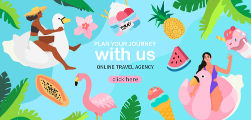 Summer theme banner. Vector illustration of swimming people, exotic fruits and flamingo on a blue background with floral tropic elements. Creative banner, landing page or flyer for travel agency. © KPstudio