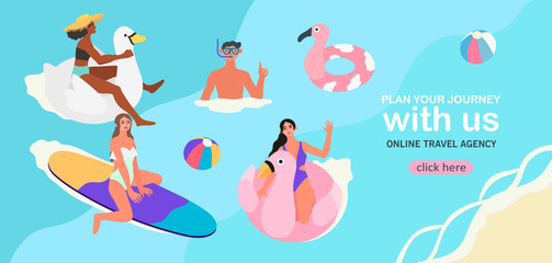 Travelling summer theme banner. Vector illustration of swimming in a sea or ocean happy people. Creative banner, landing page or flyer for travel agency or tour operator.