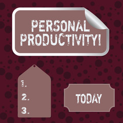 Conceptual hand writing showing Personal Productivity. Concept meaning means the state or quality of being productive Color Label Self Adhesive Sticker with Border Corner and Tag