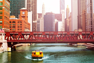 Taxi shuttle bus boat and bridges Chicago downtown