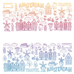 Vector pattern with Holland, Netherlands, Amsterdam icons. Doodle style.