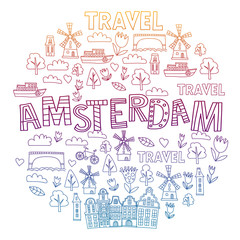 Naklejka premium Vector pattern with Holland, Netherlands, Amsterdam icons. Doodle style.