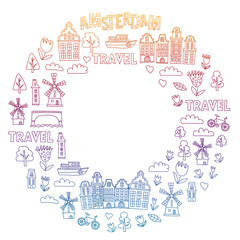 Vector pattern with Holland, Netherlands, Amsterdam icons. Doodle style.
