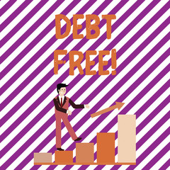 Writing note showing Debt Free. Business concept for does not owning any money to any individual or companies Smiling Businessman Climbing Bar Chart Following an Arrow Up