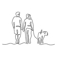Ein Paar, das mit einem Hund spazieren geht, durchgehende Linienvektorillustration © missbobbit