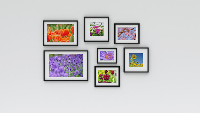 Photo frame on wall - flower picture (3D rendering)