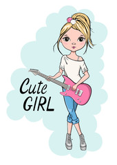 	 Hand drawn beautiful cute girl with electric guitar. Isolated funny character with lettering text on the white background. Slogan for shirt print design. Vector illustration.