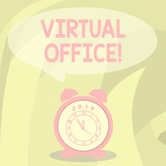 Word writing text Virtual Office. Business photo showcasing part of flexible workspace industry without any fixed place Round Blank Speech Balloon in Pastel Shade and Colorful Analog Alarm Clock