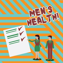 Writing note showing Men S Health. Business concept for state of complete physical mental and social well being by analysis Man and Woman Presenting Report of Check and Lines on Paper