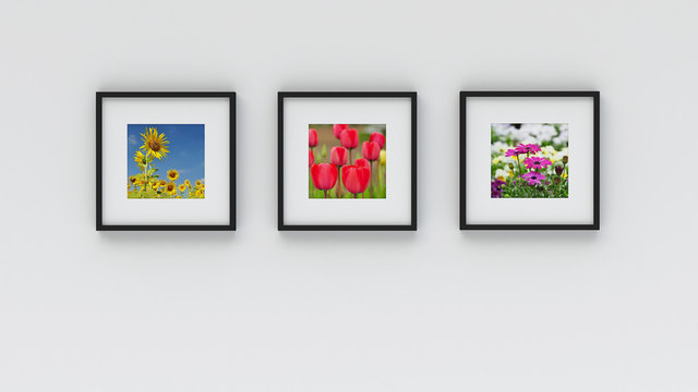 Photo frame on wall - flower picture (3D rendering)