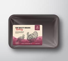 Fine Quality Organic Poultry. Abstract Vector Meat Plastic Tray Container with Cellophane Cover. Packaging Design Label. Hand Drawn Turkey Silhouettes Background Layout.