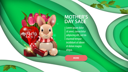 Mother's day sale, modern green horizontal discount banner in paper cut style design with button, plush rabbit, tulips and gift
