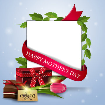 Happy Mother's Day, Greeting Card With A Place Under The Text, A Vine, A Red Ribbon, Gift, Tulip And Candy