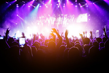 A lot of people on music show. Light from stage