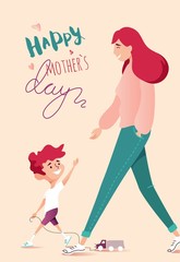 Mother and son walking together. Happy mother`s day greeting card. Cartoon vector illustration