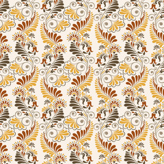 Seamless background baroque style. Vintage Pattern. Retro Victorian. Ornament in Damascus style. Elements of flowers, leaves. Vector illustration. Wallpaper, print packaging, textiles.