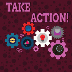 Writing note showing Take Action. Business concept for do something official or concerted to achieve aim with problem Set of Global Online Social Networking Icons Cog Wheel Gear