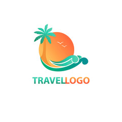 Travel logo; Vector resort logo with beach and coconut palms