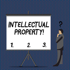 Text sign showing Intellectual Property. Business photo text Ownership of an idea or design by the demonstrating Businessman with Question Mark Above his Head Standing Beside Blank Screen
