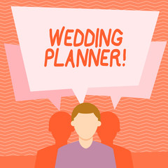 Text sign showing Wedding Planner. Business photo text professional who assists with design planning and analysisagement Faceless Man has Two Shadows Each has Their Own Speech Bubble Overlapping