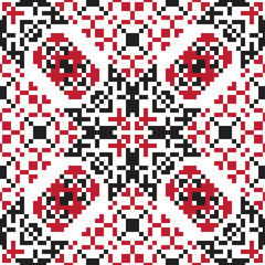 Fototapeta premium Ethnic geometric pattern. Black, red and white seamless background. Pixel boho ornament.