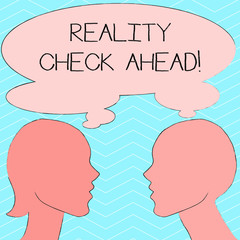 Writing note showing Reality Check Ahead. Business concept for makes them recognize truth about situations or difficulties Silhouette Sideview Profile of Man and Woman Thought Bubble