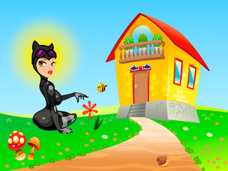 Cat girl in the meadow near the house. Illustration, poster, postcard. Vector graphics.