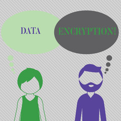 Text sign showing Data Encryption. Business photo showcasing another form code that only showing with access secret key Bearded Man and Woman Faceless Profile with Blank Colorful Thought Bubble