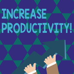 Text sign showing Increase Productivity. Business photo showcasing Improve the efficiency of production processes photo of Hand Holding Colorful Huge 3D Arrow Pointing and Going Up