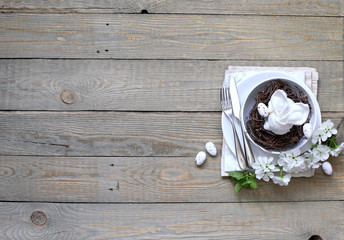 Table setting for happy Easter in rustic style.