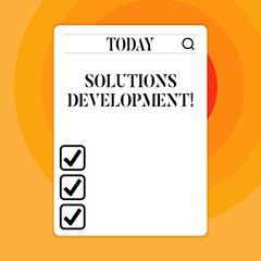 Text sign showing Solutions Development. Business photo showcasing determining the best way of satisfying requirements Search Bar with Magnifying Glass Icon photo on Blank Vertical White Screen