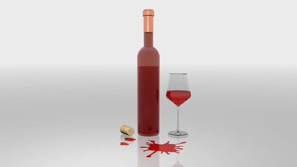 Bottiglia di vino rosè con bicchiere e macchie, su fondo neutro, immagine 3D, illustrazione