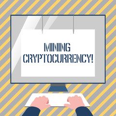 Writing note showing Mining Cryptocurrency. Business concept for handling of transaction in the digital currency system Hands on Keyboard Front White Monitor with Screen Protector