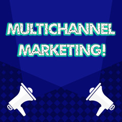 Writing note showing Multichannel Marketing. Business concept for Interacting with customers via multiple channels Blank Spotlight Crisscrossing Upward Megaphones on the Floor