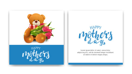 Happy mother's day, modern white postcard ready to print with Teddy bear with a bouquet of tulips