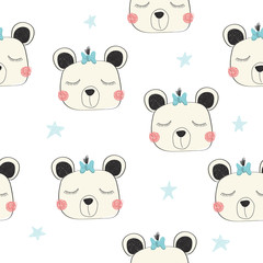 Seamless pattern with funny bear girl. Childish textile print. Vector hand drawn illustration.