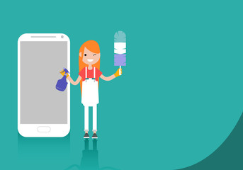 Young character cleaner standing near smartphone cleaner app.Space for your text.Flat cartoon design