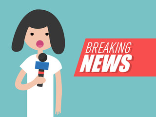 Breaking news,Young character reporter holding a microphone.Flat cartoon design