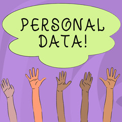 Handwriting text writing Personal Data. Conceptual photo information that relates to identified or identifiable Multiracial Diversity Hands Raising Upward Reaching for Colorful Big Cloud