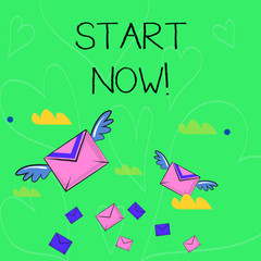 Conceptual hand writing showing Start Now. Concept meaning do not hesitate get working or doing stuff right away Colorful Airmail Letter Envelopes and Two of Them with Wings