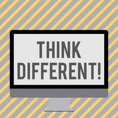 Conceptual hand writing showing Think Different. Concept meaning direct ones mind towards someone or something uniquely White Computer Monitor WideScreen on a Stand for Technology