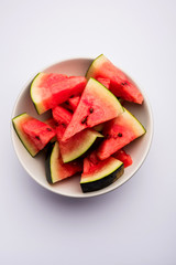 Watermelon / tarbooj fruit cube slices served in a bowl. selective focus