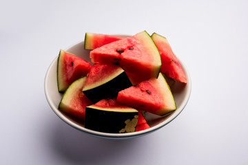 Watermelon / tarbooj fruit cube slices served in a bowl. selective focus