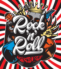 Stylish vector template for printing on the theme of rock music with a calligraphic inscription rock n roll