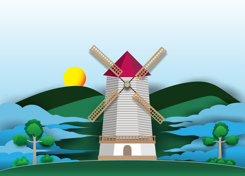 Wind turbines on green mountains and clouds in the sky, paper art design.