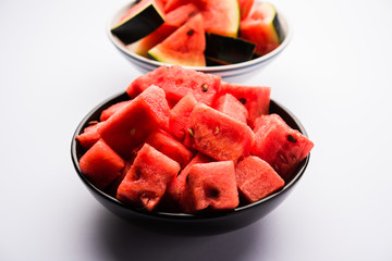 Watermelon / tarbooj fruit cube slices served in a bowl. selective focus